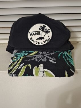 Vans "Off The Wall" Palm Tree Patch Snapback Hat Black Tropical Floral Brim